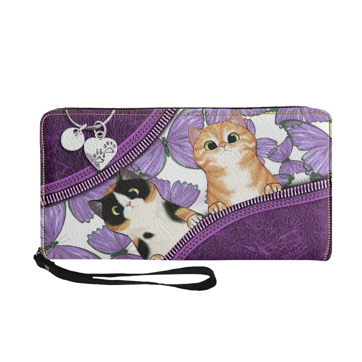 Purple Kawaii Cats Design Women Wallet Luxury Leather Multifunction Ladies Purse Wristlet Wallets Long Travel Card Holder Femme