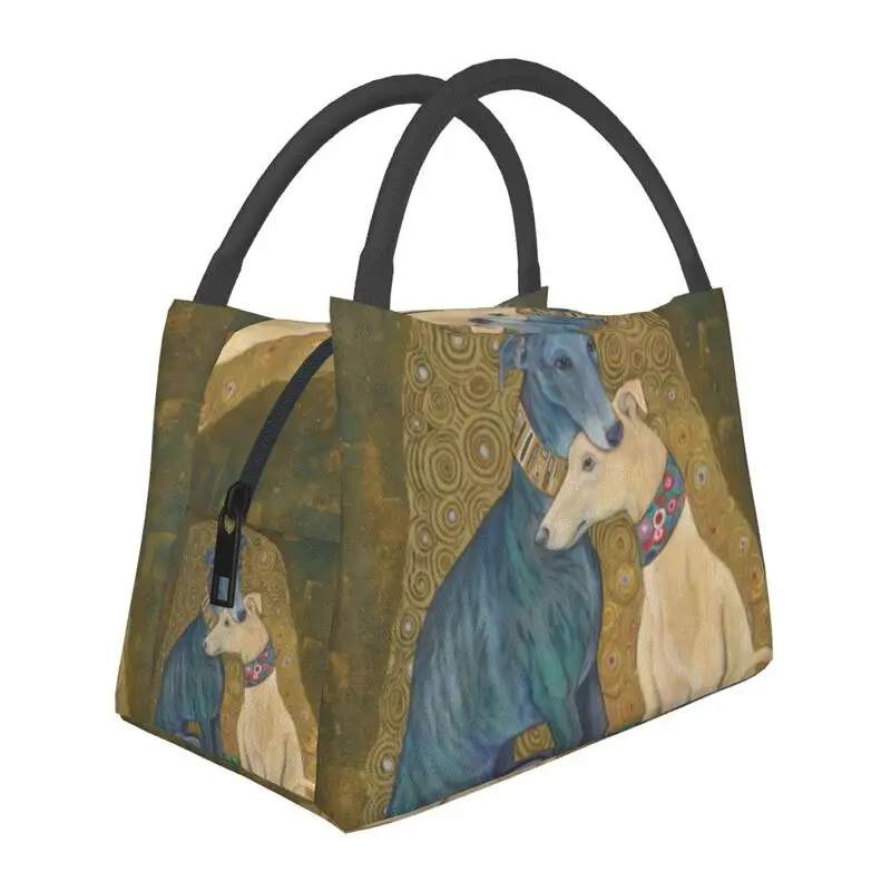 

Gustav Klimt Greyhound Dog Art Portable Lunch Boxes Multifunction Whippet Sihthound Dog Cooler Thermal Food Insulated Lunch Bag