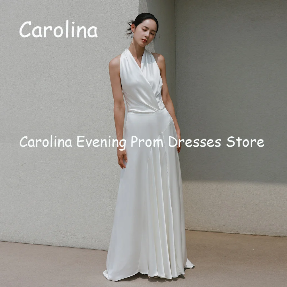 Carolina Satin A-line Halter Ruffle Backless Arab Prom Gown Floor Length Saudi Evening Formal Elegant Party Dress for Women 2023