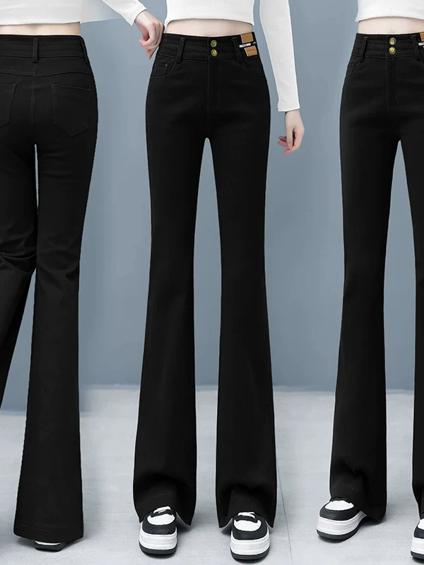 High Waist Double Buckle Casual Women's Jeans  Hoof Pants Spring Autumn New Style Slim Fit Flared Pants Straight Leg Jeans