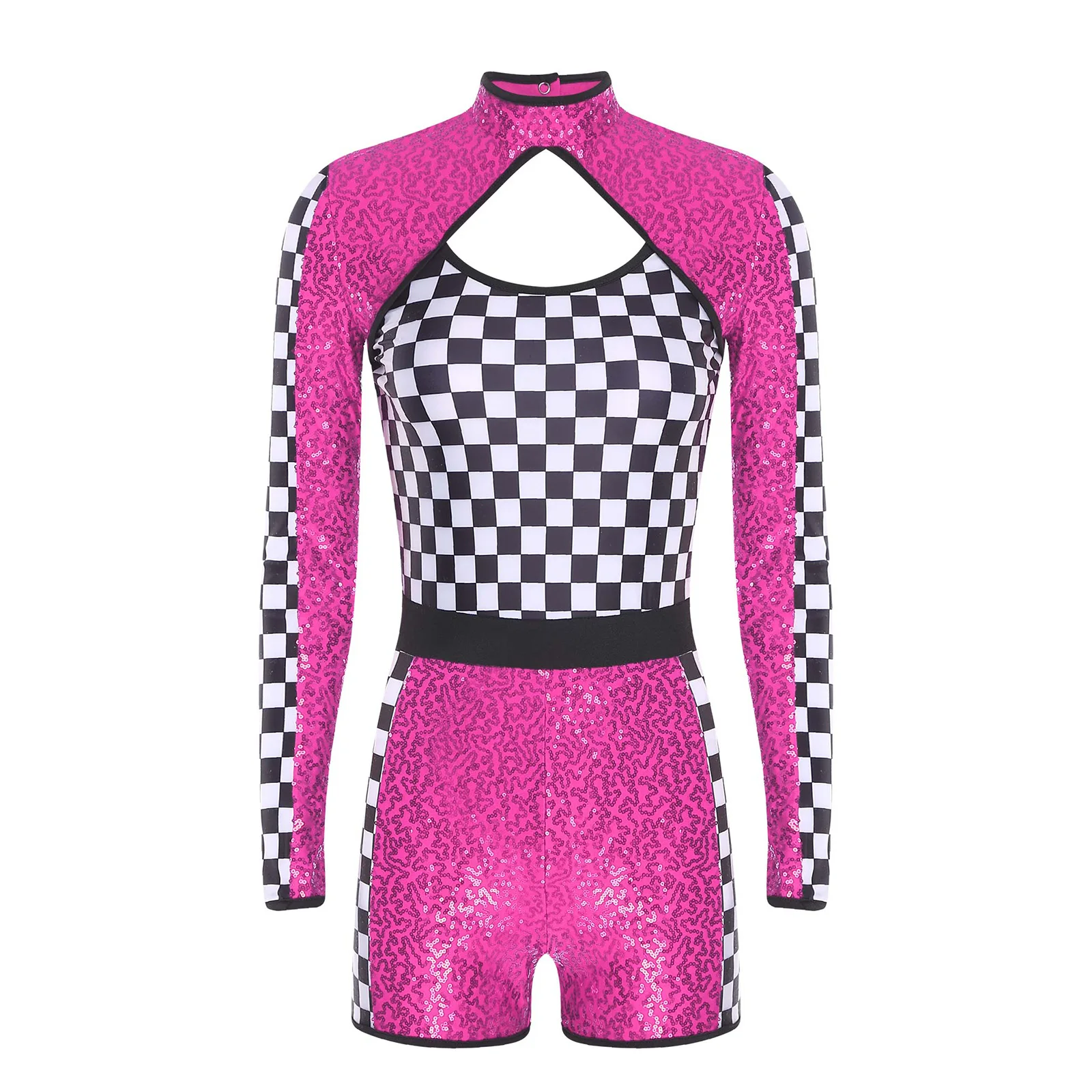 المرأة سباق سائق سيارة المتسابق زي تأثيري الشطرنج Unitard لامعة الترتر بذلة حفلة موسيقية الهذيان الرقص كرنفال وتتسابق #6