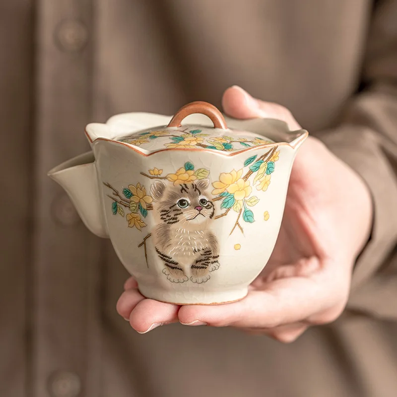 

Hand-Painted Yellow Flower Cat Yu Yuan Teapot Chinese Style High-End Ceramic Tea Pot for Luxury Home Decor And Brewing