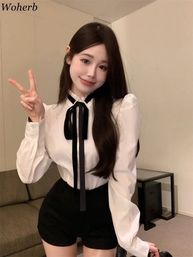 Woherh Women Spring Puff Sleeve Blouses 2024  Loose Temperament  Bow Ladies Tops Ruffles Sweet White Blouse Korean Vintage Shirt