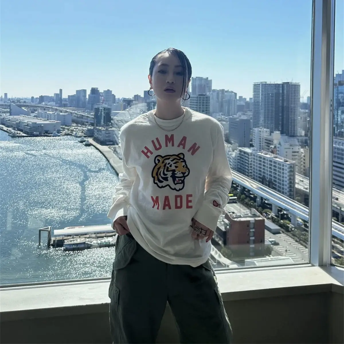 Human Made Cotton Long Sleeve Tiger Head Pattern T-shirt Japanese Retro Men's and Women's Spring and Autumn Base Shirt Top