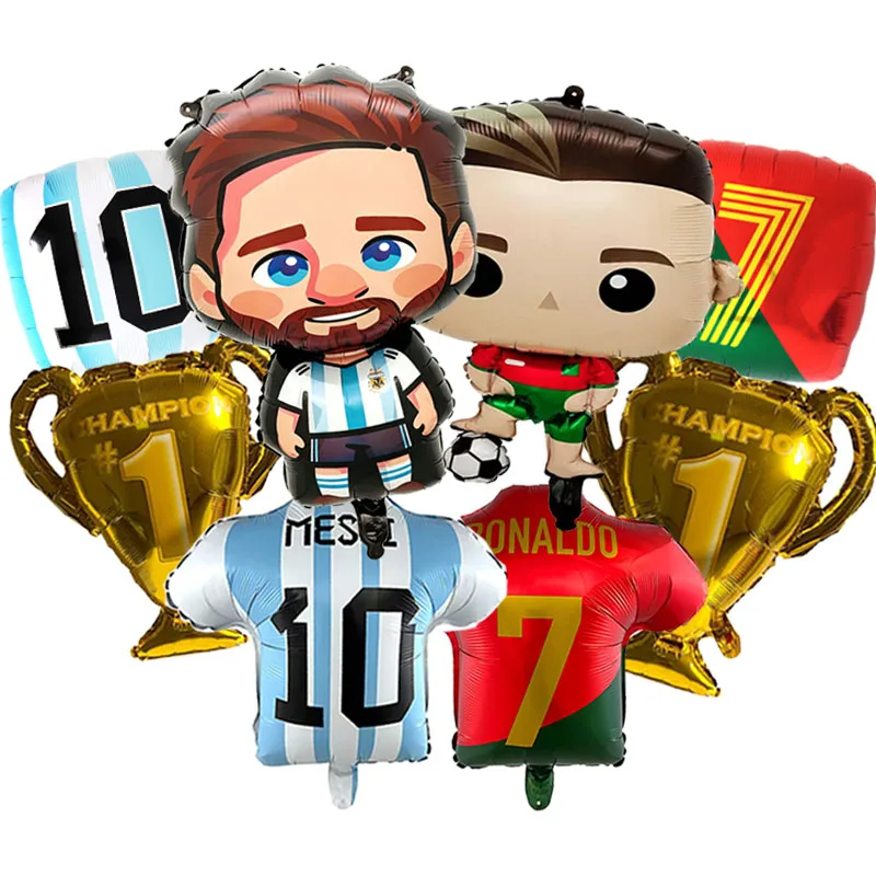 Décoration de fête d'anniversaire sur le thème du football avec des ballons en aluminium de Messi et de CR7, ensemble de ballons en film d'aluminium, trophée de champion, décoration de club de football, cadeaux pour les fans