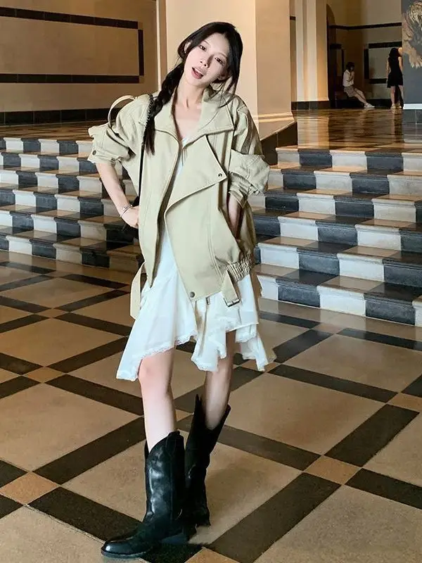 Retro American Workwear Style Women's Dress Coat Korean Small Size Fashion Short Outerwear Design Two-Piece Set