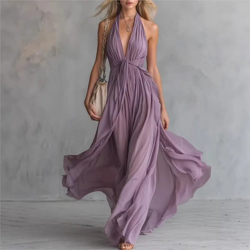 Damen Sexy Tiefer V-Ausschnitt Schnürung Lange Kleider Elegantes Sommer Mode Einfarbiges Ärmelloses Fließendes Maxikleid Boho Lässiges Urlaubskleid