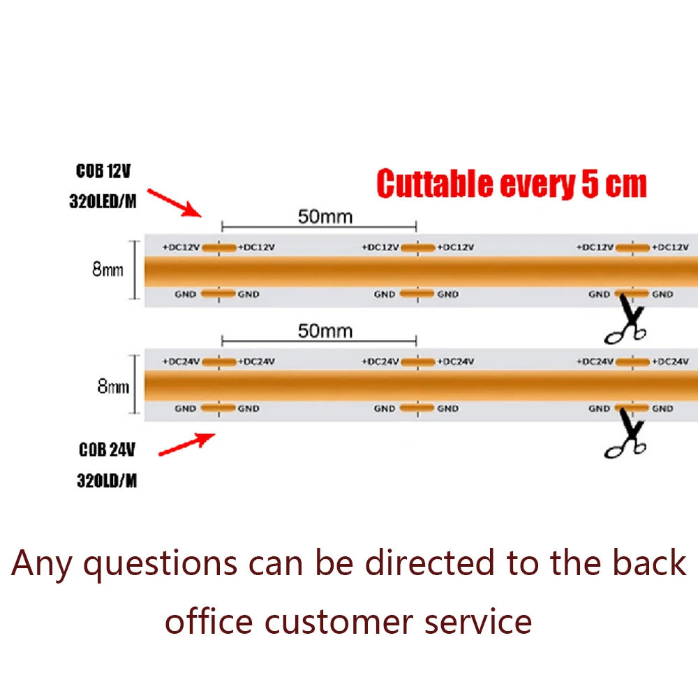 COB 12 24 V LED pasek światła COB 12V 24 V elastyczna dioda 320led/m 0.5m 1m 2m 3m 4m 5m 10m wysokiej gęstości wstążka ciepła biała