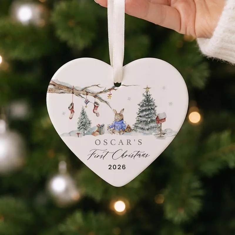 Personalised Baby's First Christmas Bauble, Babys 1st Xmas Rabbit Bunny Decoration, New Baby Christmas Ornament Gift