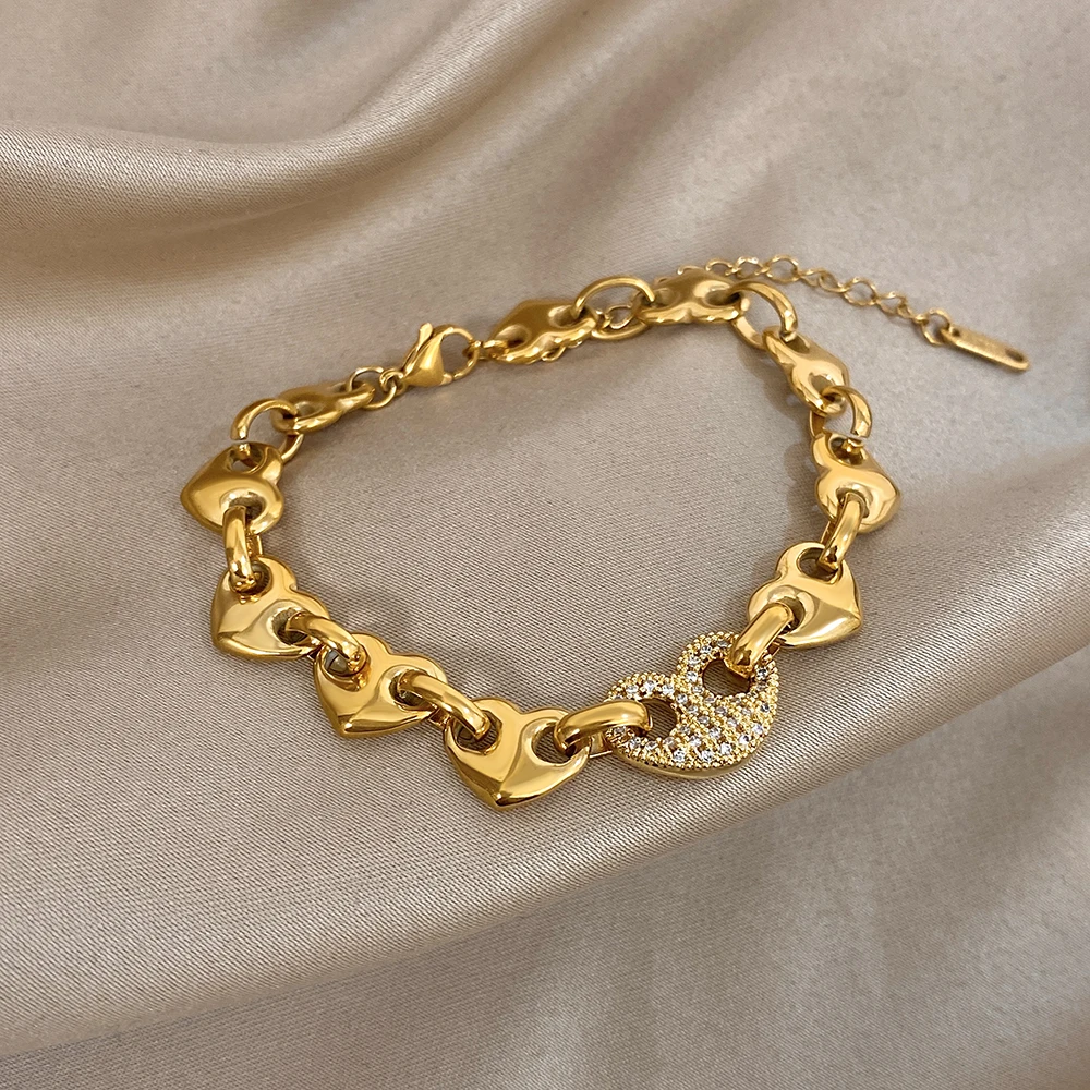 Klassisches 18K vergoldetes Edelstahlarmband, neuer zweifarbiger eingelegter Zirkon-Herzknopf-Armreif, stapelbarer Schmuck für Damen und Herren