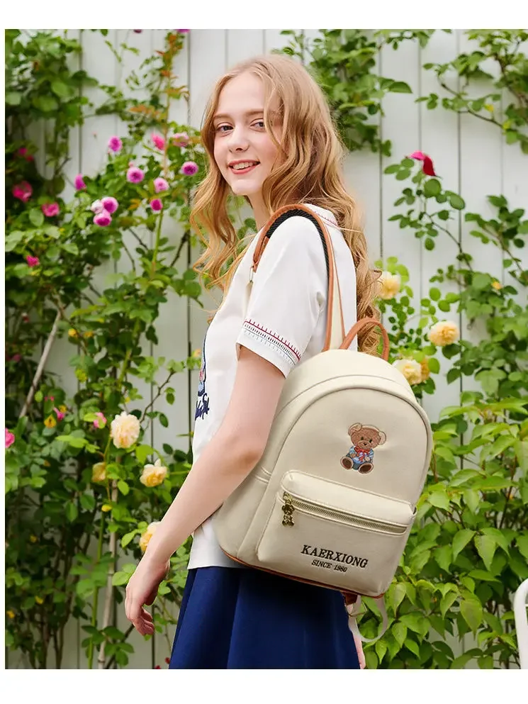 Cute Bear Embroidery Backpack for Women 2024 New Korean Fashion Soft Leather Large Capacity Casual Travel Mini Backpack Mochila