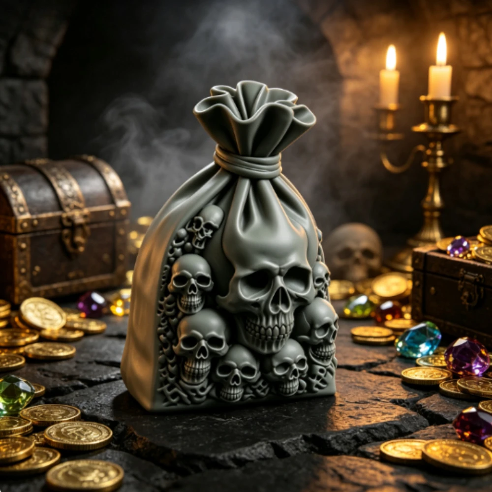 Gothic Mini Skull Treasure Pouch Ornament 3D Printed Dark Statue Small Desk Ornaments Decor Horror Theme Hobby Collectible Gifts