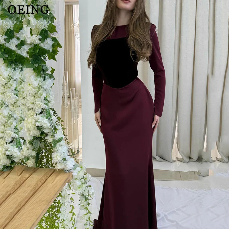 

OEING Burgundy Mermaid Prom Dresses Halter Sleeveless Velvet Party Gowns Floor-Length Contrast Color Party Dress Customized