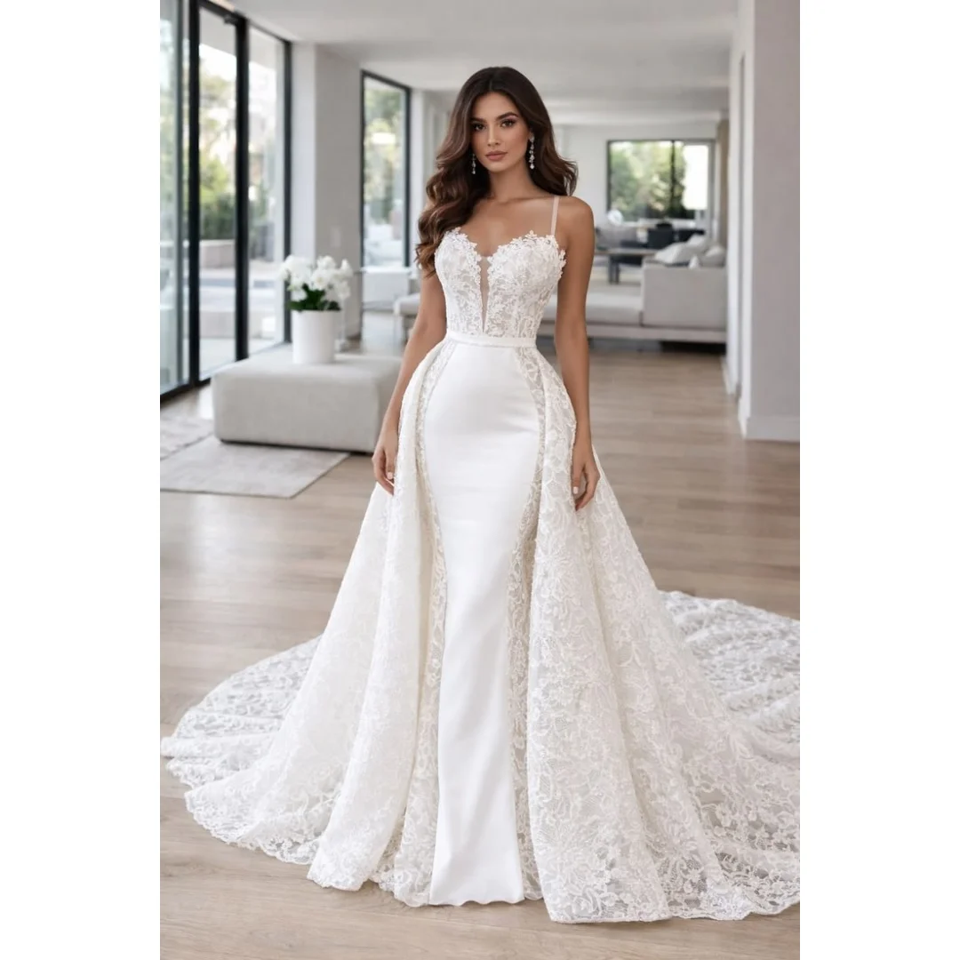 Custom Spaghetti Strap Lace Mermaid Wedding Dress Detachable Oversized Lace Over Skirt 2 In 1 Chapel Train Luxury Bridal Gown
