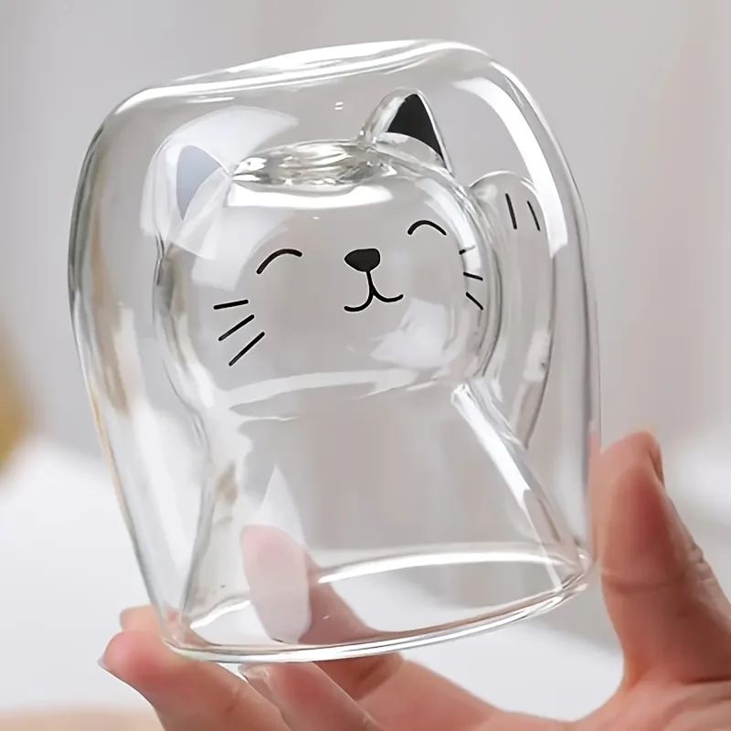 Double-layer cat insulated cup, cute waving cat glass water cup, home and office coffee milk breakfast cup, perfect gift