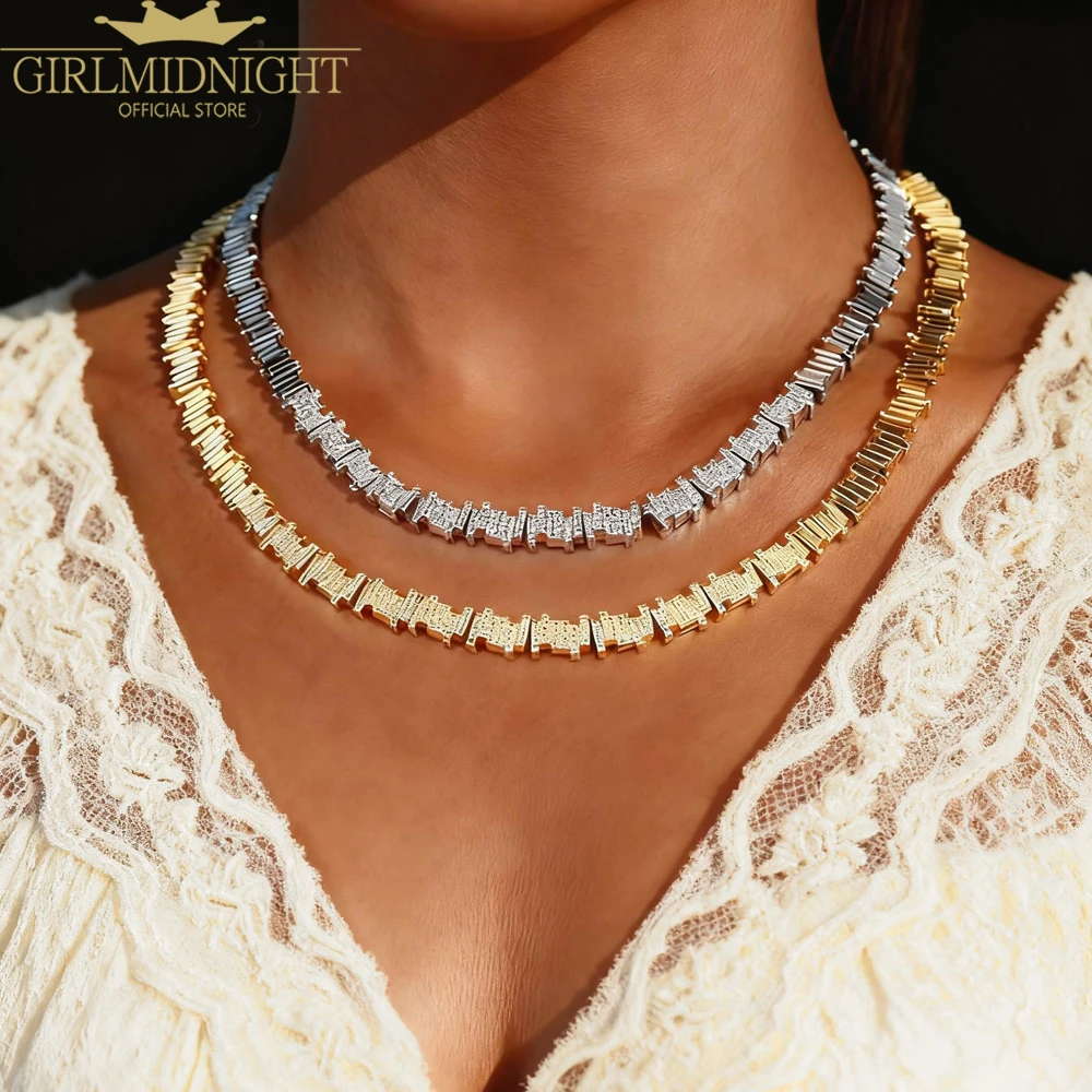 Iced Out Bling Geometric CZ Bar Charm Link Chain Necklace Fashion Cubic Zirconia Sparking Chokwr Women Jewelry