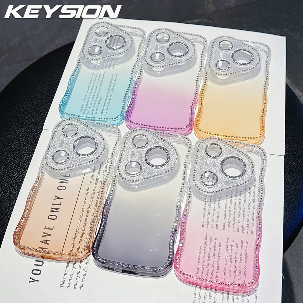 

KEYSION Gradient Transparent Wavy Rhinestone Phone Case for Huawei Pura 70 80 Pro 70 Ultra Lens Protector Shockproof Back Cover