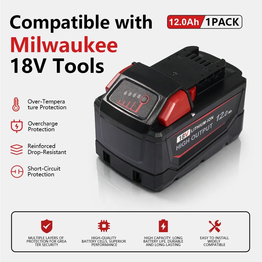 1 Pack 12 0Ah 18V High Output Battery Replacement for Milwaukee M18 Tools 48 11 1890 48 11 1850