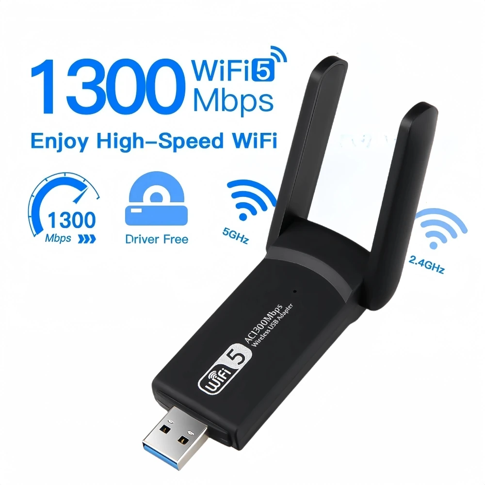 

1300Mbps WiFi 5 USB Adapter Dual Band 2.4G/5Ghz Wireless WiFi Receiver USB 3.0 Dongle Network Card For Laptop PC Win 10/11