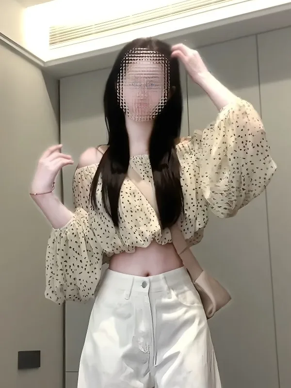 

Retro Polka Dot Lantern Sleeve One Shoulder Women's Shirt Slimming Short Long Sleeve Spring Summer New Style Elegant Fashion