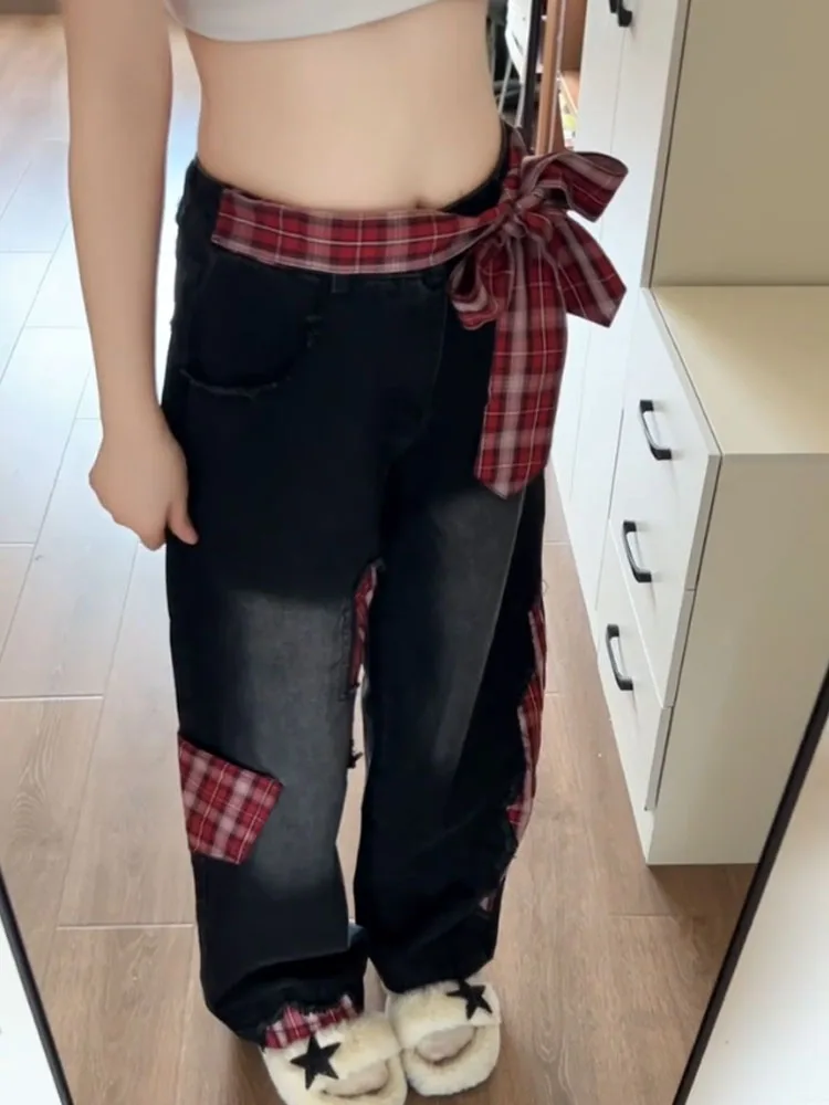 

Bla Bow Tie High Waist Wide Leg Jeans Women's Autumn Winter New Sle Loose Retro Cool Straight Cut Denim Pants