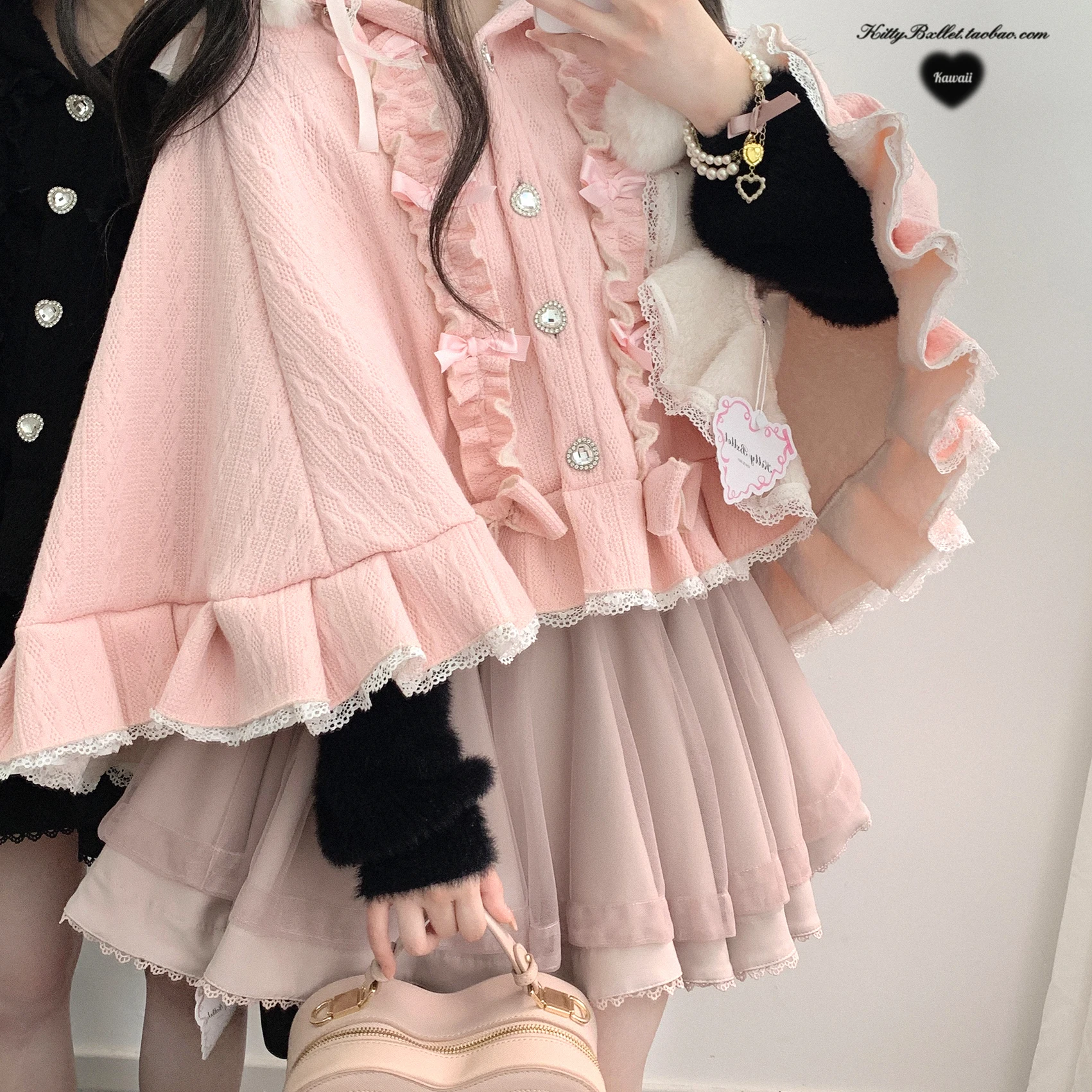 Japanese Mine Sweet Lolita Hooded Cloak Ponchos Winter 2025 New Girls Cute Bow Lace Plush Warm Knitted Short Jacket Women Capes