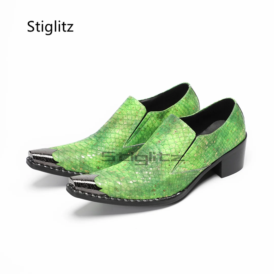 

Green Snake Pattern Dress Shoes for Men Metal Pointed Toe High Heels Business Party Wedding Gentleman Casual Shoes Spring Autumn