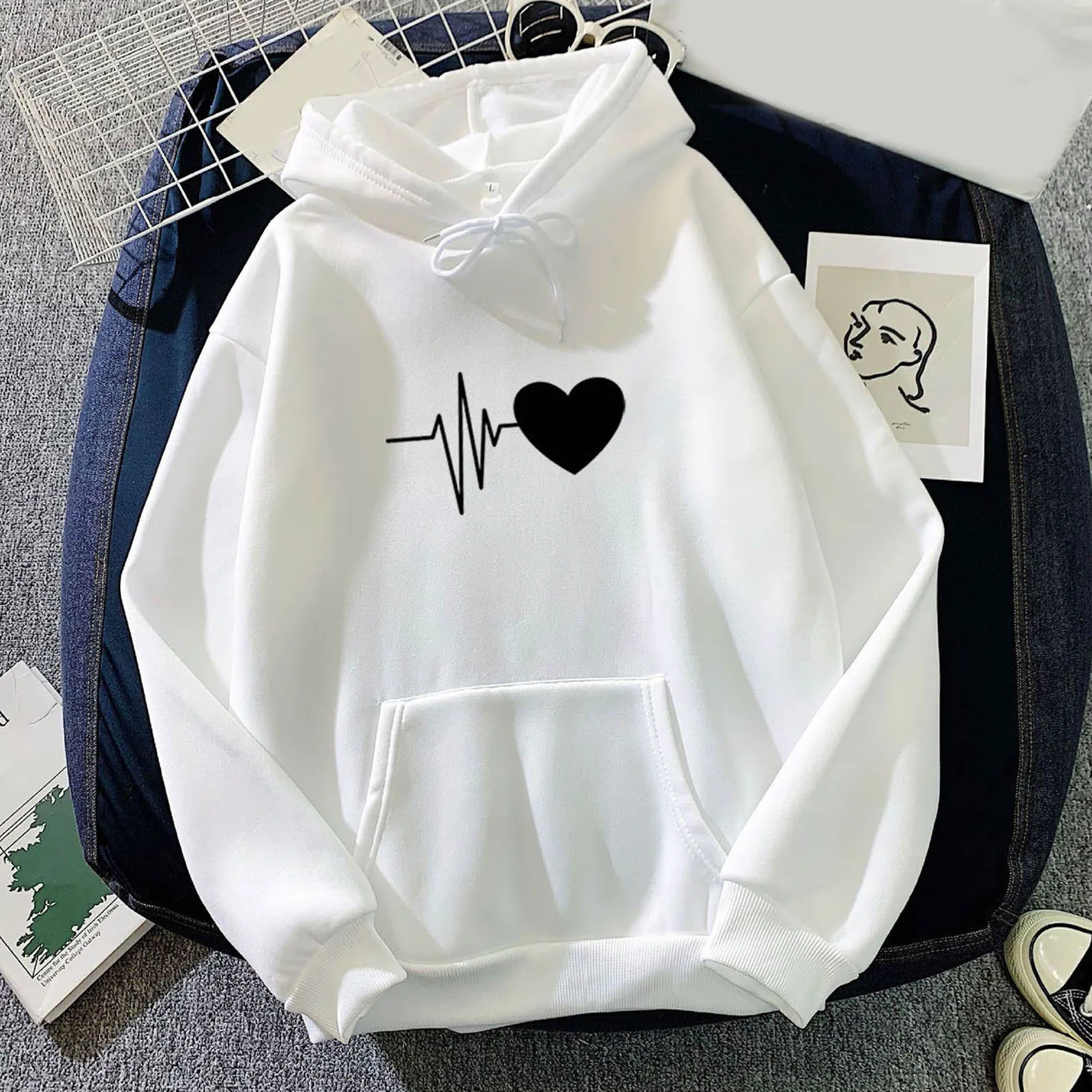 New Women's Casual Hoodie For Spring And Autumn Featuring A Heartbeat Pattern And Letter Printed Long Sleeved Women's Pullover