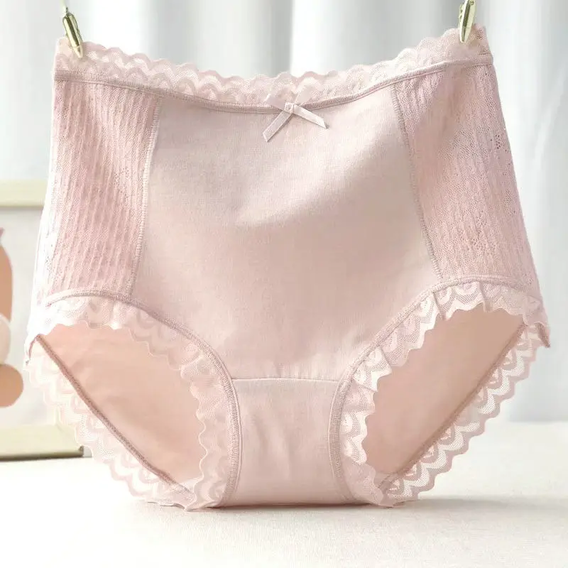 

Women's Pure Cotton High-waisted Underwear Women's Cotton Hollow Hip-wrapped Large-size Lace Briefs Comfortable and Breathable