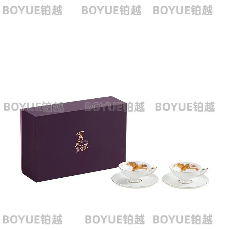 Gold Dragon Phoenix Coffee Cup and Saucer Set Light Luxury Ceramic Teacup Elegant Wedding Gift Housewarming Souvenir for Her