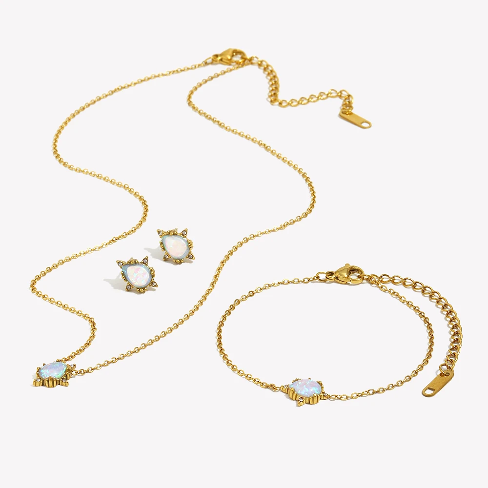 E.B.belle Elegant Bridal\'s Jewelry Accessories Waterdrop Necklace Earrings Bracelets Stainless Steel Blue Opal Stone Jewelry Set