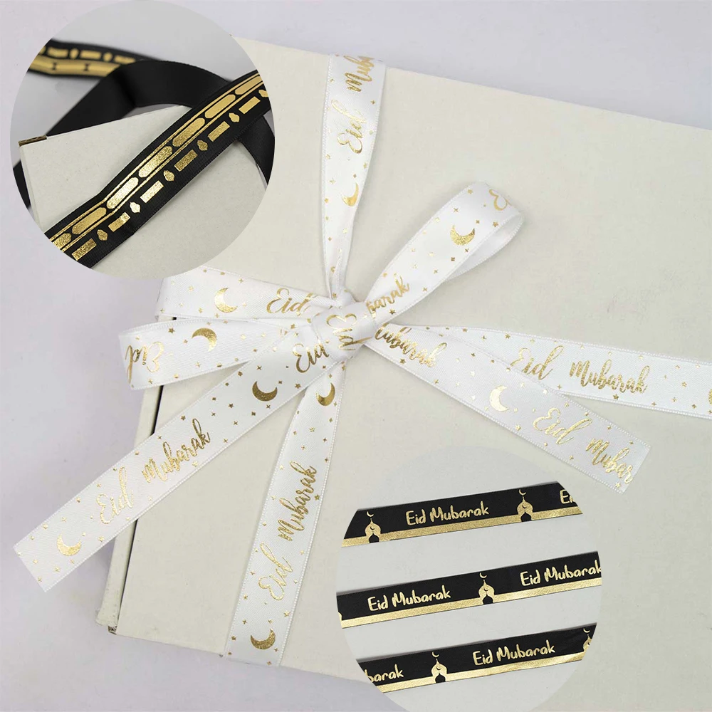 1 Rolle Eid Mubarak Hajj Umrah Band, 2M Elegantes goldenes Mond-Stern-Muster Ramadan Eid Al-Fitr Stoff-Bastelband, Geschenkdekoration – Detail 1
