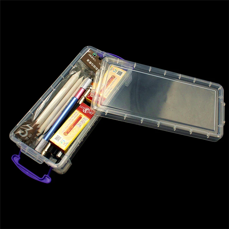 1PC Plastic Transparent Pencil Case Large Capacity Simple Double Buckle Box Sketch Art Box For School Stationery