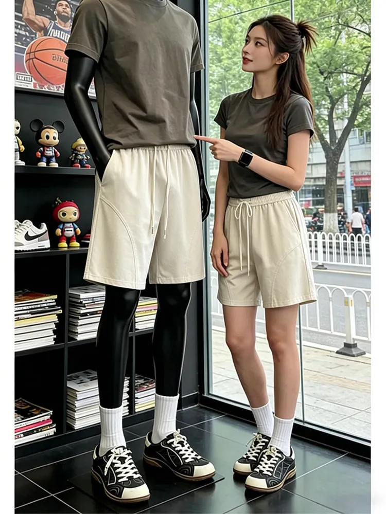 

Light Beige Casual Ice Silk Men's Shorts Summer Quick Dry Thin Five-Point Loose Fit Sporty Straight Leg Elastic Waistband