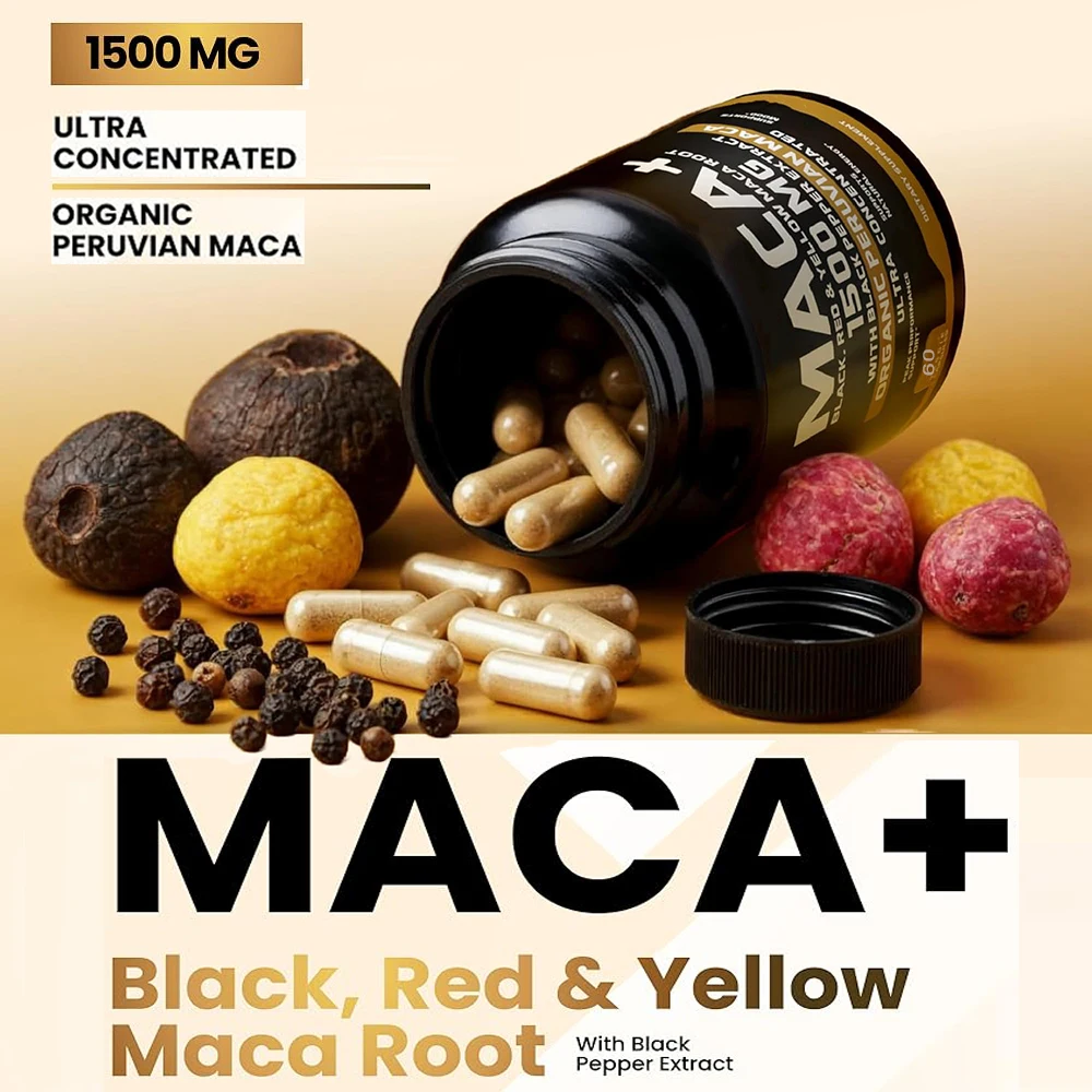 Bio-Maca-Wurzel-Pulver-Kapseln 1500 mg mit peruanischem Maca-Wurzel-Ergänzungsmittel in Schwarz + Rot + Gelb für Männer und Frauen – vegane Pillen