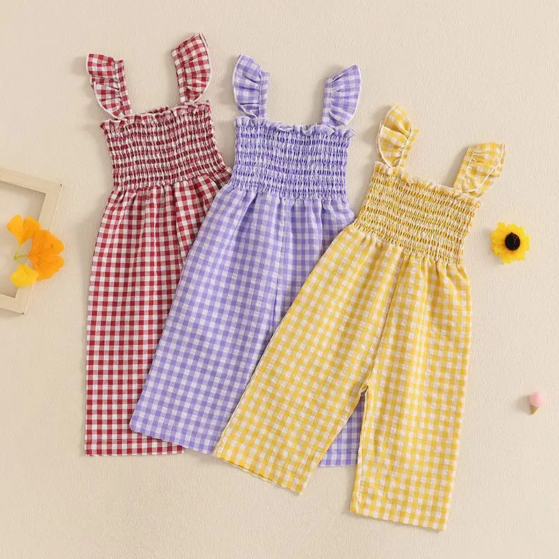 2025 Baby Girl Clothes Girl Cotton Overalls Ruffle Sleeve Strappy Gingham Checkered Romper Casual Loose Pants Outfit 0-4Y
