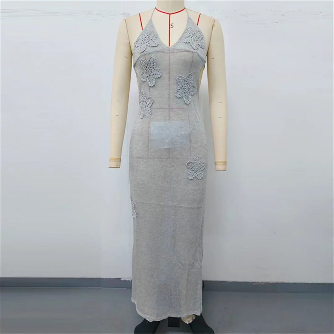 Blumenmuster, Neckholder, V-Ausschnitt, gehäkelte Strick-Tunika, Strandkleid, Strandmode, Damen, K8581 – Detail 5