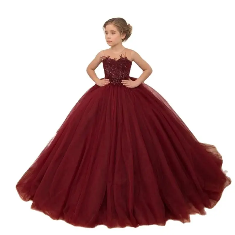 Feather Flower Girl Dress First Wedding Elegant Flower Child Party Dinner Communion Dress Burgundy Trail Applique  Ball Gown