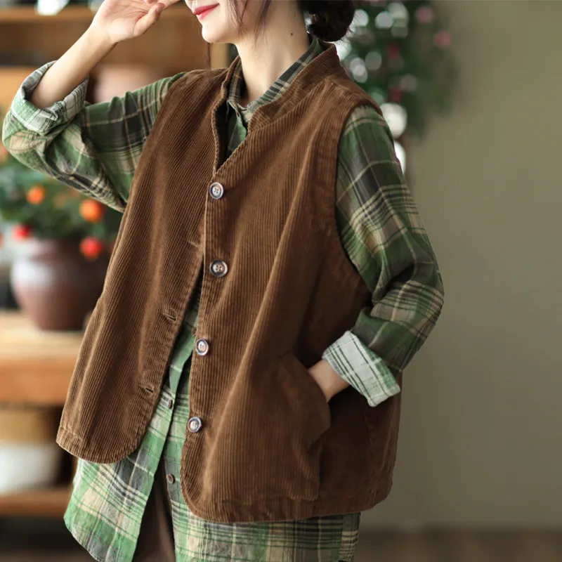 Women's Corduroy Vest Jacket Spring Autumn New Korean Version Loose Sleeveless Coat Single Breasted Female Short Waistcoat