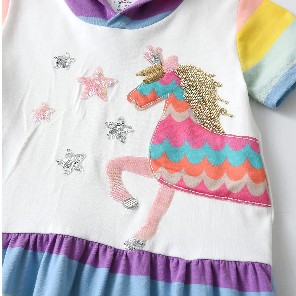 VIKITA Mädchen Einhorn Stern Appliziertes Kapuzenkleid Kinder Kurzarm Sommer Baumwolle Lässig Gestreiftes Buntes Gerades Rüschenkleid – Detail 4
