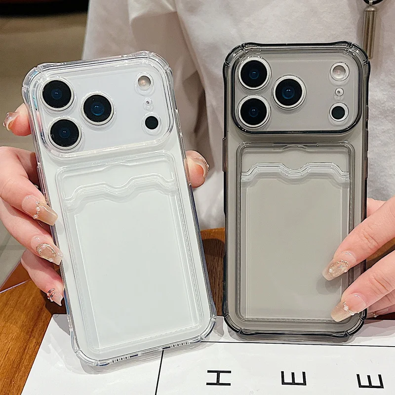 Capa de Celular com Slot para Cartão para iPhone 17e 17 16 15 Pro Max 14 13 Pro 12 11 16e, Capa Transparente de Silicone TPU Macio à Prova de Choque