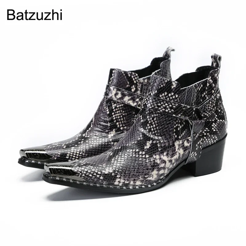 

Batzuzhi 6.5cm High Heels Men's Boots Pointed Iron Toe Snake Pattern Leather Ankle Boots Men Fashion Business, Party and Wedding