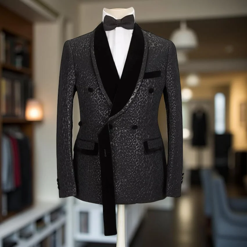 Floral Double Breasted Men Suits 2 Pieces Set Men's Wedding Tuxedo Slim Fit Luxury Jacket with Pants Formal Jacquard Suit Blazer