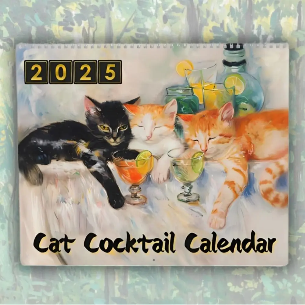 Daily Weekly Monthly Planner 2025 Cat Cocktails Calendar Paper Home Ornaments Wall Calendar Animal Pattern Hangable