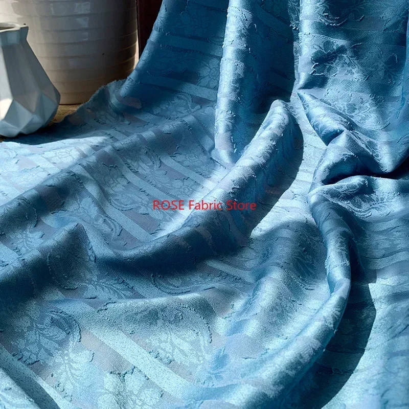 

Retro striped chiffon Fabric flower jacquard blue fabric For Wedding dress, Party dress, Summer Dress, Shirts, Costume Design