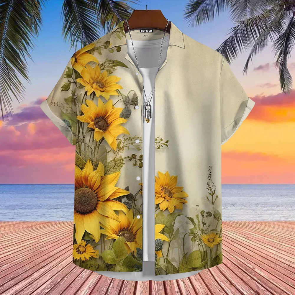 Hawaiian Men's Shirts 2024 Sunflower Sunshine Print Lapel Shirts For Men Fashion Short Sleeve Tops Loose Oversized Men Clothing