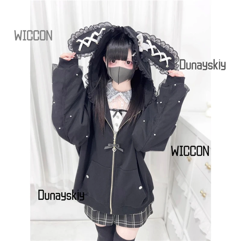 Jirai Kei Japanese Bunny Hoodie Y2K Rabbit Ear Cosplay Costumes Lolita Jacket Bow Pearl JK Lace Kawaii Zipper Cardigan Top view 2