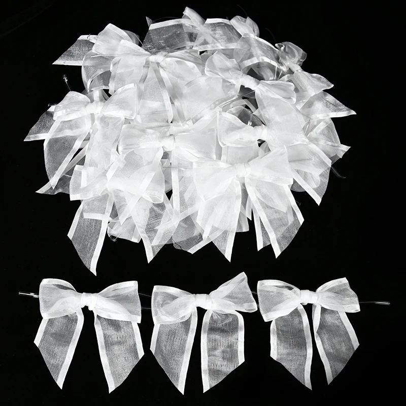5/10/20pcs White Pre-Tied Organza Bows With Twist Ties Satin Ribbon Bows For Wedding Party Birthday Gift Candy Wrapping