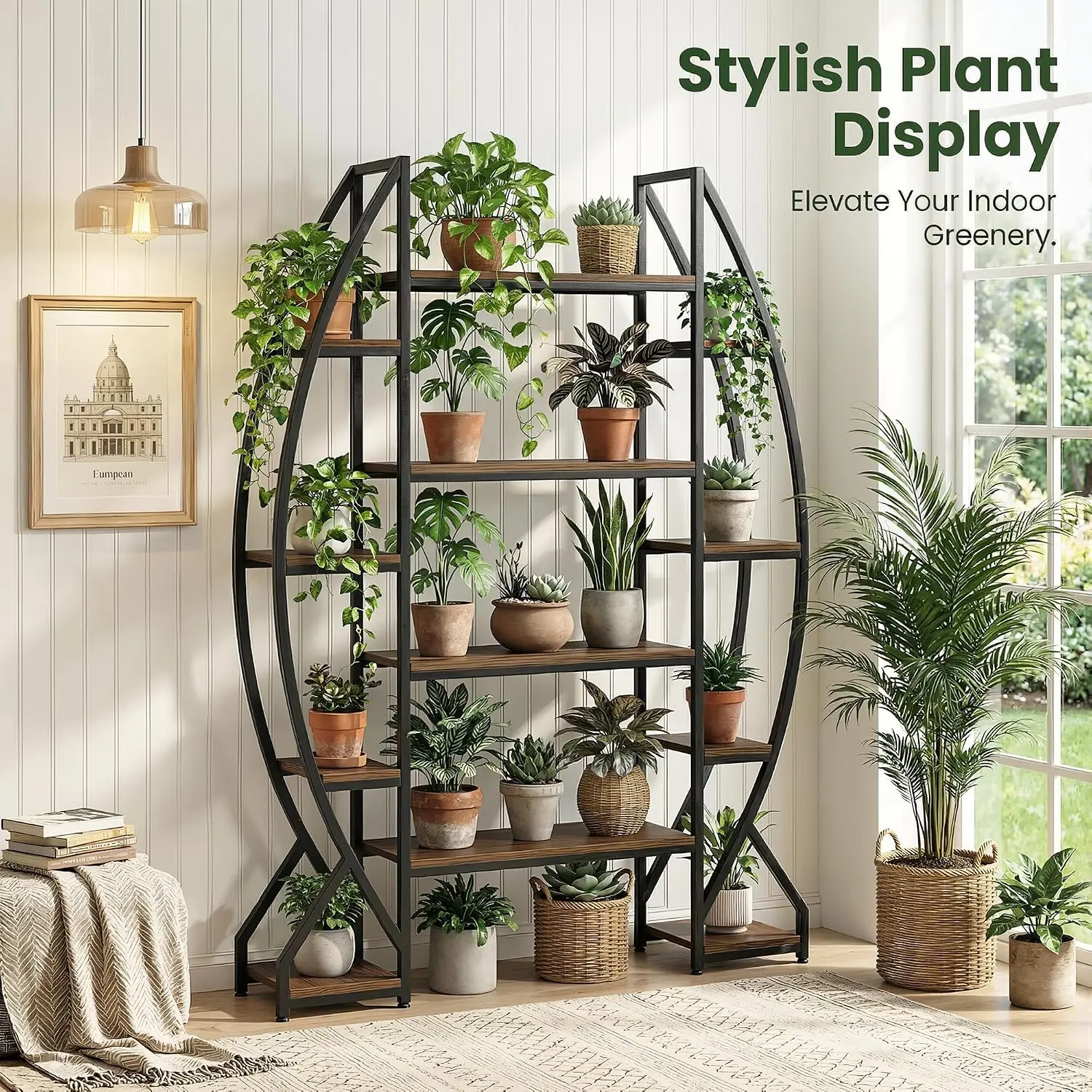 Arch Metal Plant Stand, Tall Corner Flower Pot Holder Display Shelf, Indoor Living Room Patio Planter Storage Organizer Rack, Modern Industrial Botanical Accent Furniture, Rustic Brown