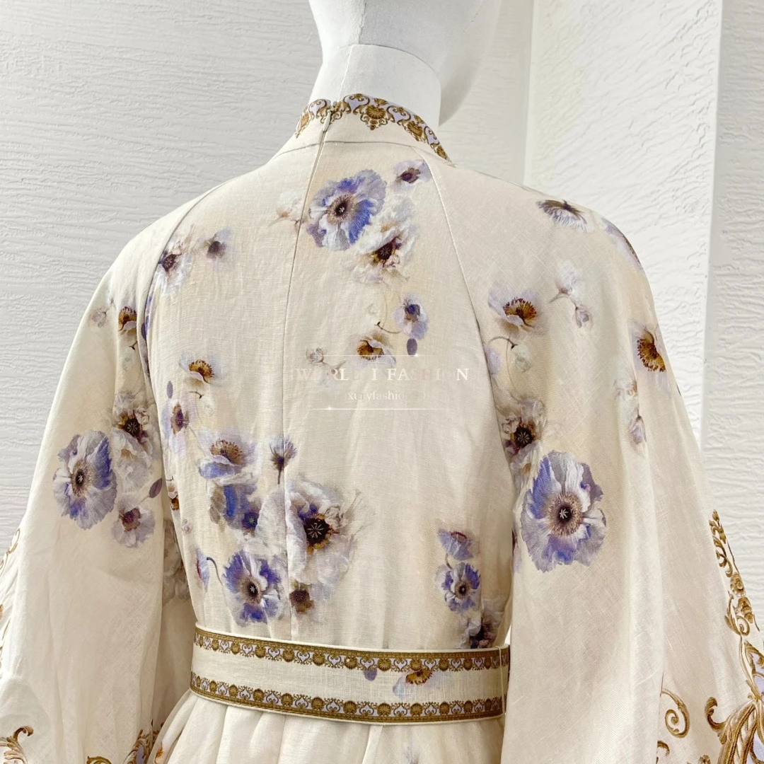 Mini-Vintage-Kleider für Damen mit vollem Laternenärmeln und Gürtel und Blumendruck